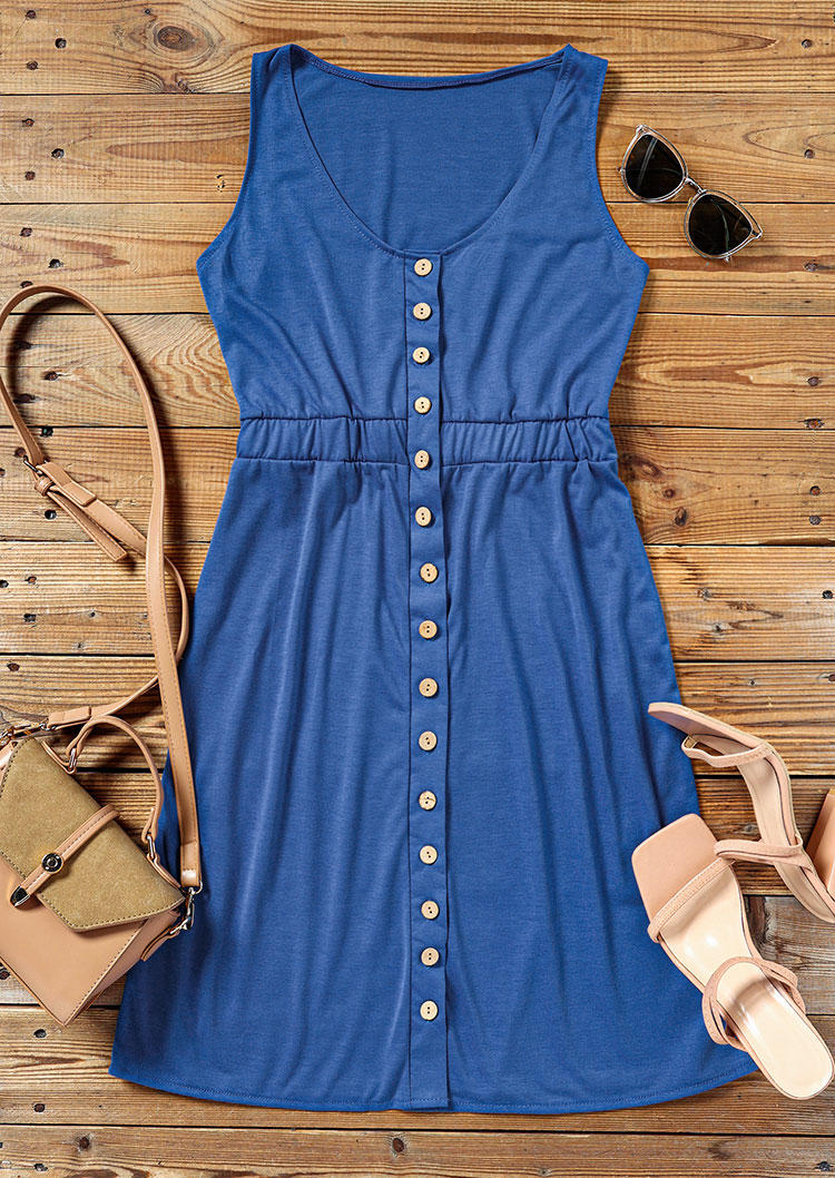 Slit Button Sleeveless Mini Dress - Blue