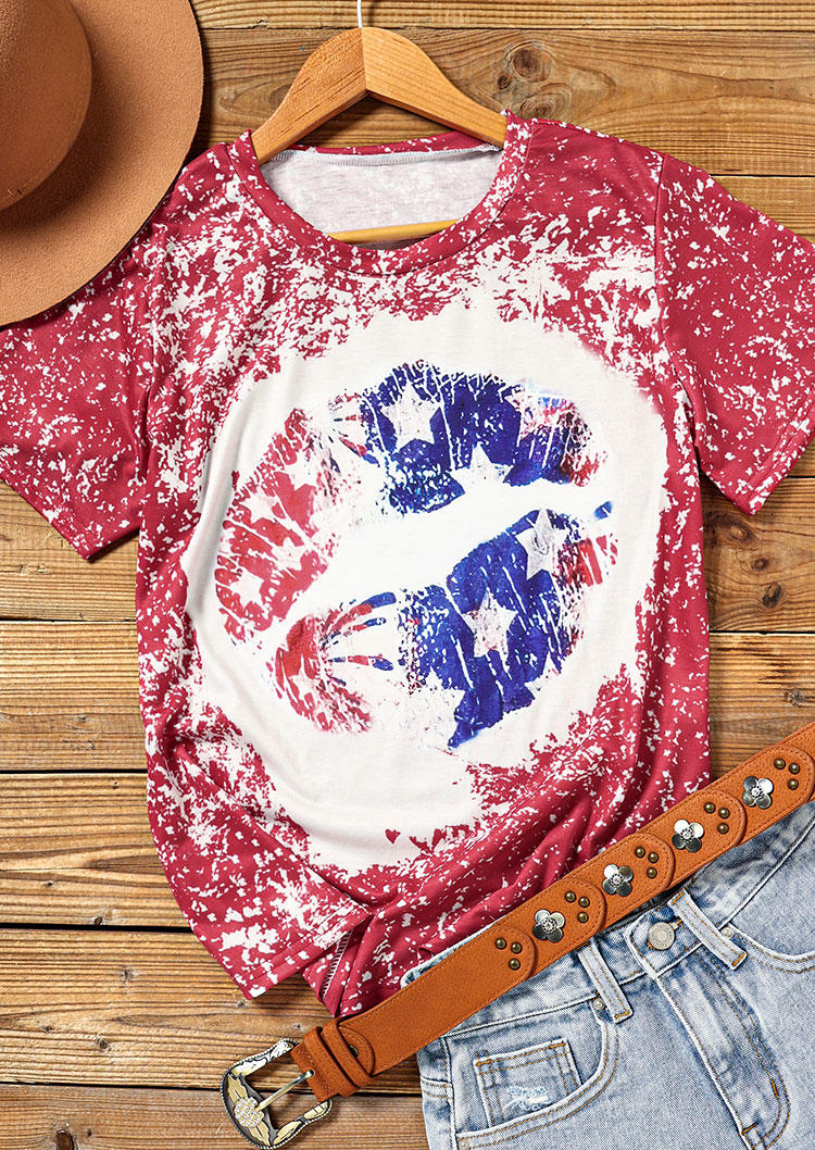 Lips Star Bleached T-Shirt Tee - Red