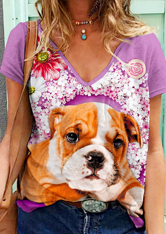 

Dog Floral V-Neck Blouse - Purple, 532774