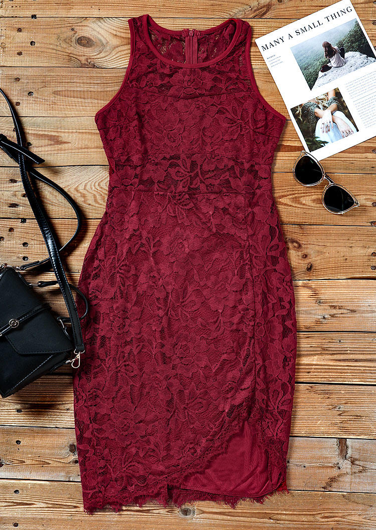 Lace Asymmetric Sleeveless Bodycon Dress - Burgundy