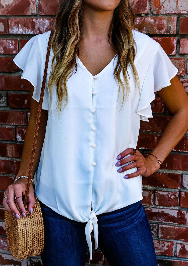 

Ruffled Button Tie V-Neck Blouse - White, SCM000820