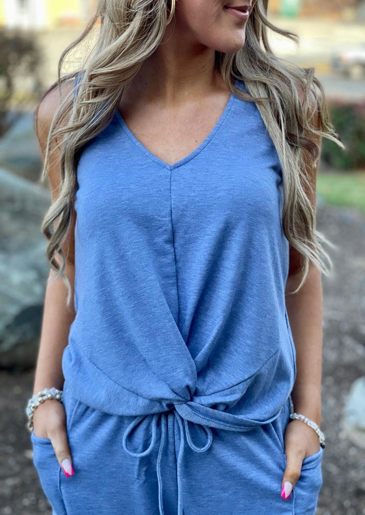

Pocket Twist Tie V-Neck Romper - Blue, SCM001082