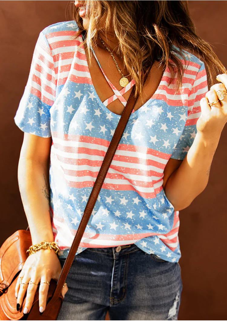 

American Flag Star Striped Criss-Cross Blouse, Multicolor, SCM001128