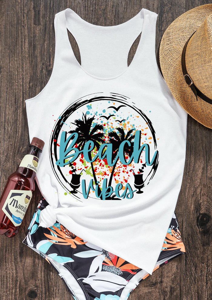 

Beach Vibes Drink Coconut Tree Racerback Tank - White, 532708