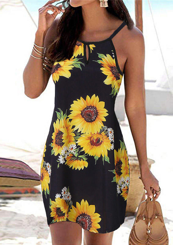 

Sunflower Daisy Hollow Out Tie Spaghetti Strap Mini Dress - Black, 532851