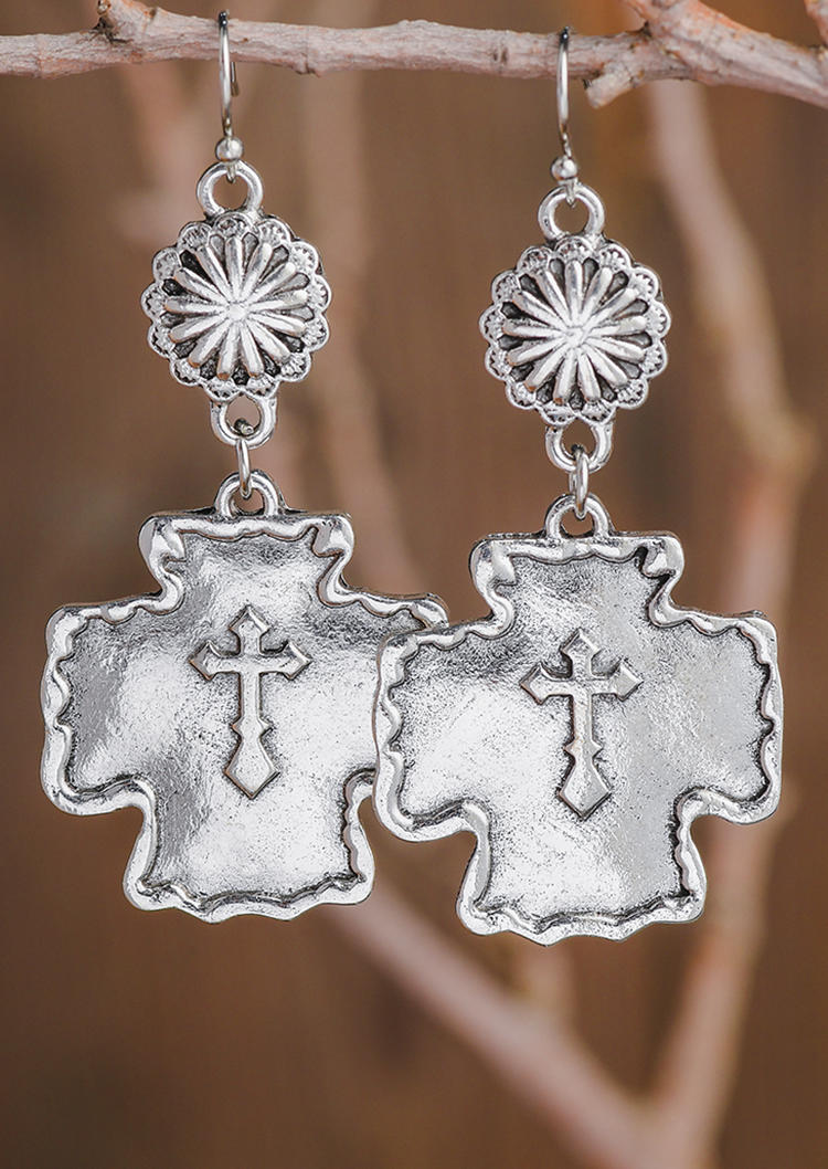 

Cross Floral Alloy Earrings, Silver, 532856