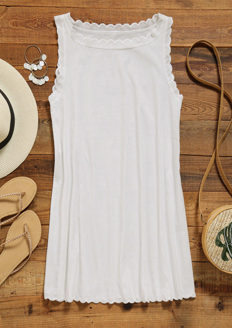 Scallop Hem Sleeveless Mini Dress - White