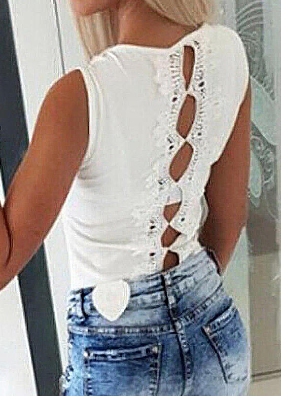 Lace Splicing Mesh Hollow Out Tank - White