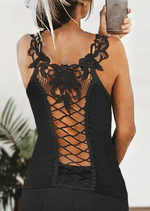 

Lace Splicing Criss-Cross Hollow Out Tank - Black, 532963