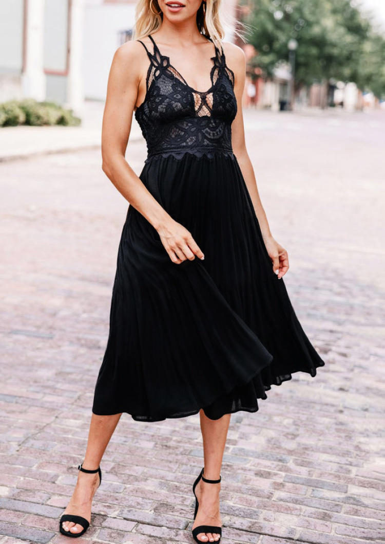 

Lace Splicing Ruffled Criss-Cross Midi Dress - Black, SCM000388