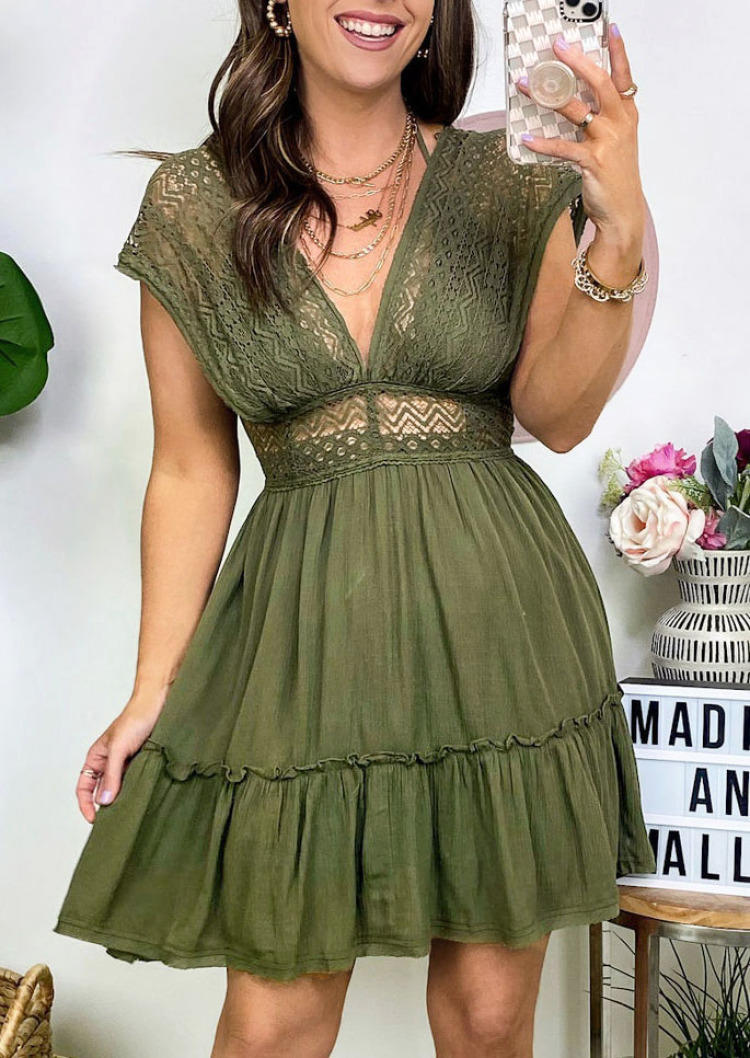 Lace Hollow Out Open Back Mini Dress - Army Green