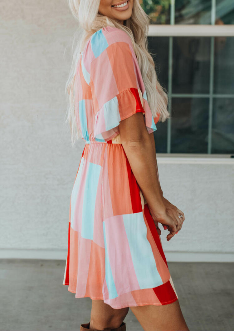 Color Block Ruffled Elastic Waist Mini Dress