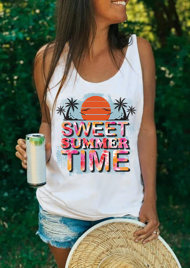 Sweet Summer Time Coconut Tree Racerback Tank - White