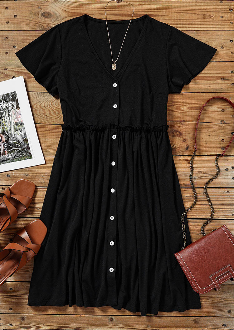 Ruffled Button V-Neck Mini Dress - Black