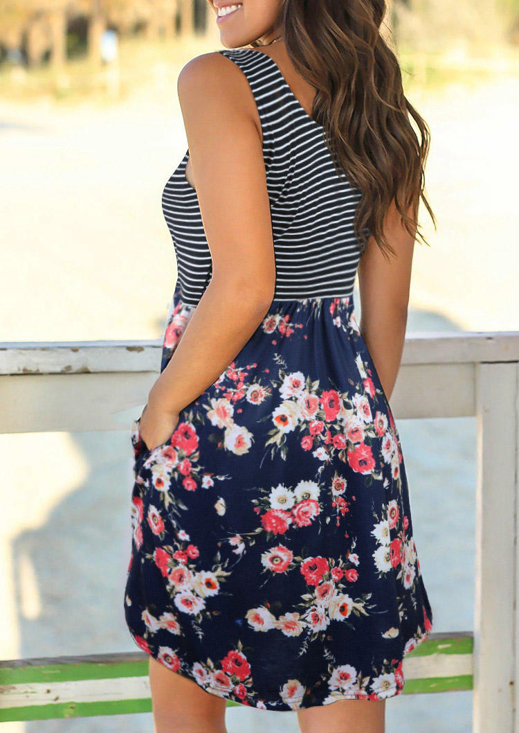 Striped Floral Pocket Sleeveless Mini Dress