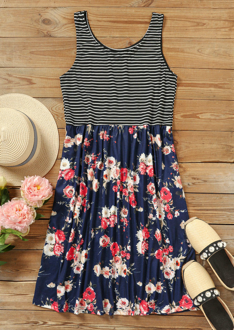 Striped Floral Pocket Sleeveless Mini Dress