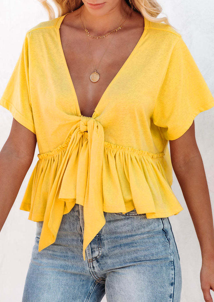 

Ruffled Tie V-Neck Blouse - Yellow, 533189