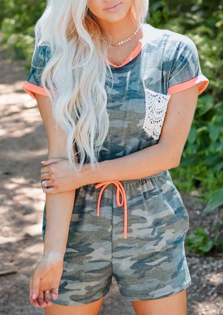 

Camouflage Lace Pocket Tie Romper, Multicolor, SCM000608