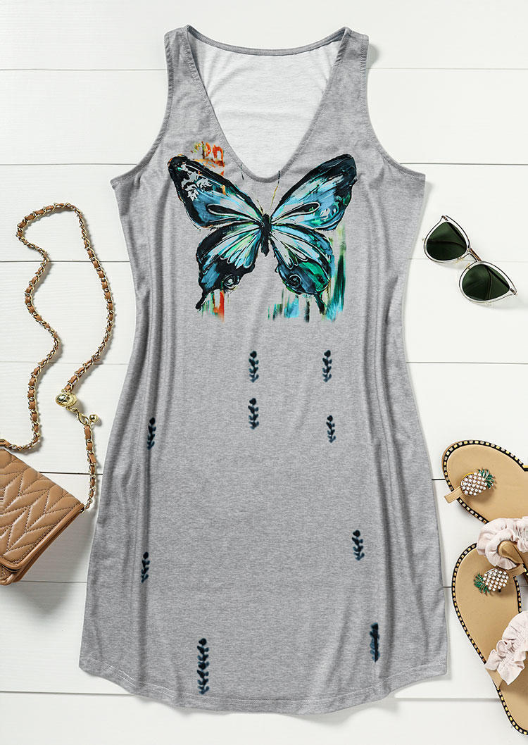 Butterfly Sleeveless V-Neck Mini Dress - Gray