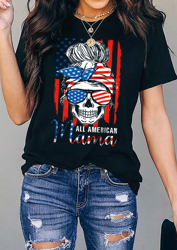 

All American Mama Flag Skull T-Shirt Tee - Black, 532701