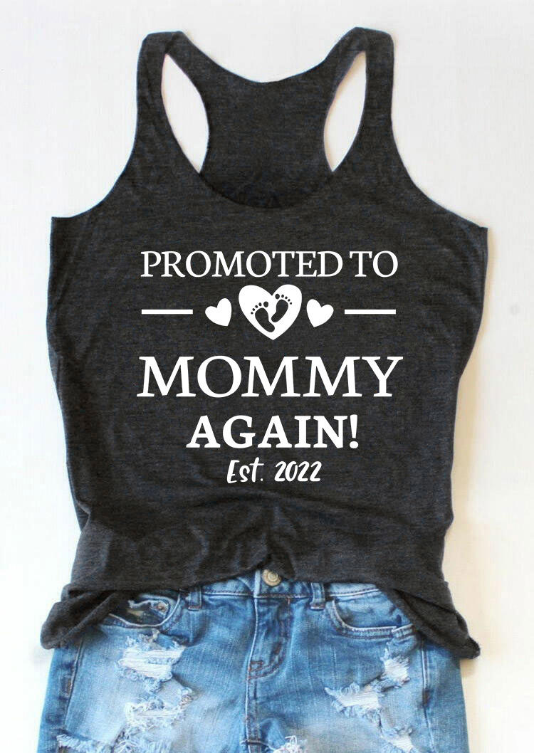 

Promoted To Mommy Again Heart Footprint Racerback Tank - Dark Grey, Gray, 532714