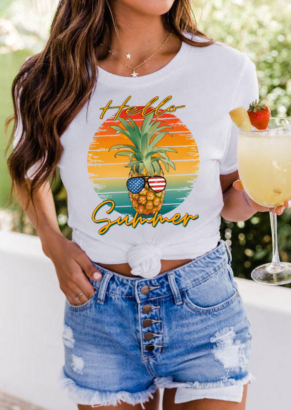 

Hello Summer Sunrise Pineapple American Flag Glasses T-Shirt Tee - White, 532725