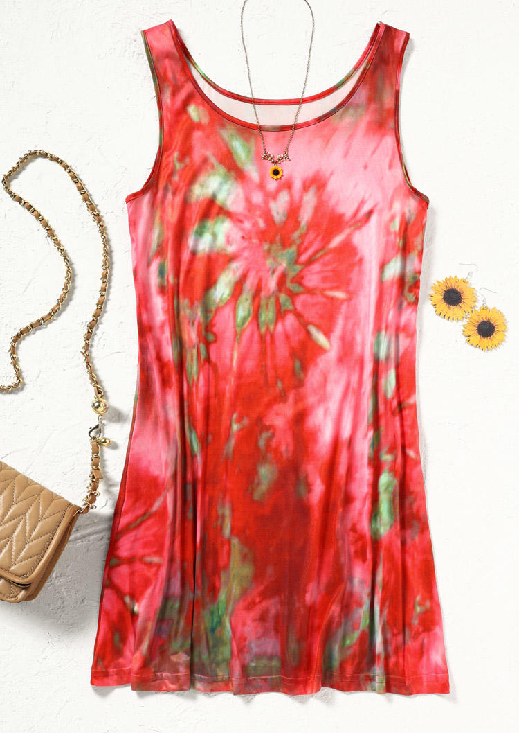 Tie Dye Sleeveless Mini Dress - Red