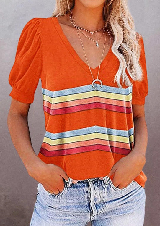 

Colorful Striped V-Neck Blouse - Orange, 532962