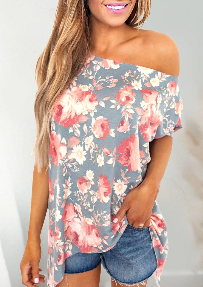 

Floral One Sided Cold Shoulder Blouse - Gray, 533050