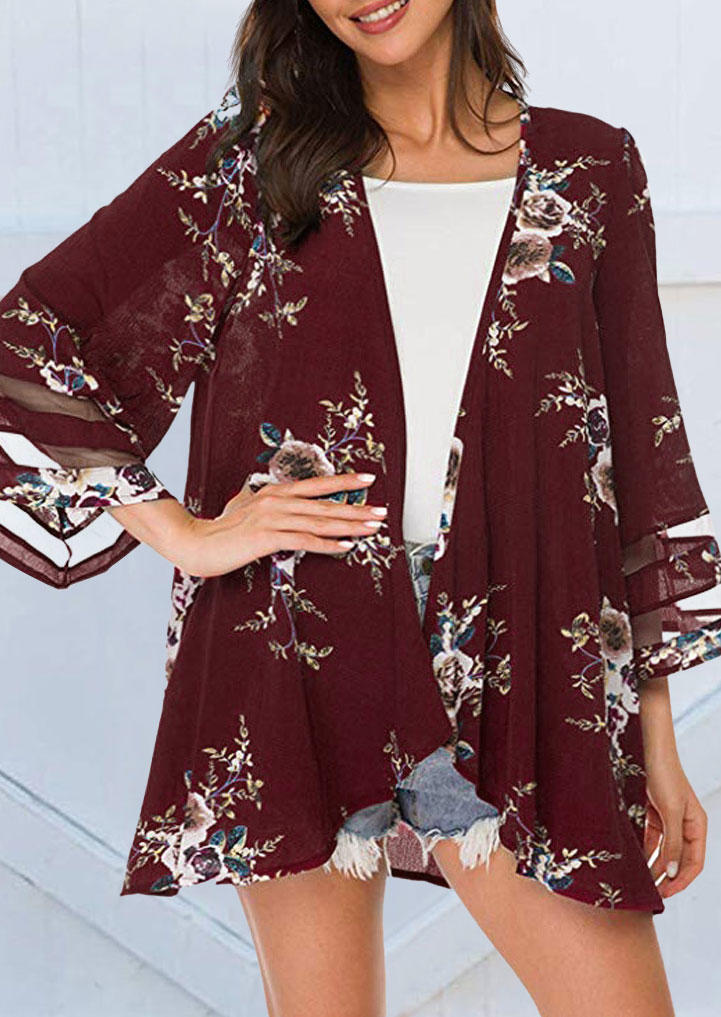

Floral Open Front Cardigan - Burgundy, 533208