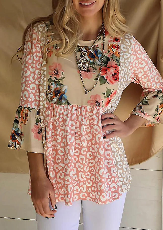 

Leopard Floral Ruffled Flare Sleeve Blouse, Multicolor, 533215