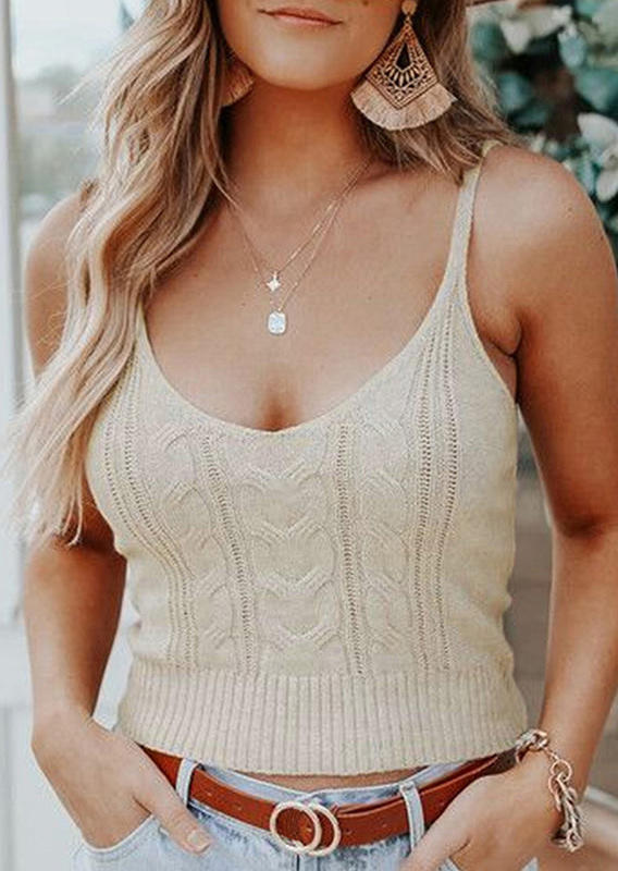 

Knitted Spaghetti Strap Camisole - Khaki, 533216