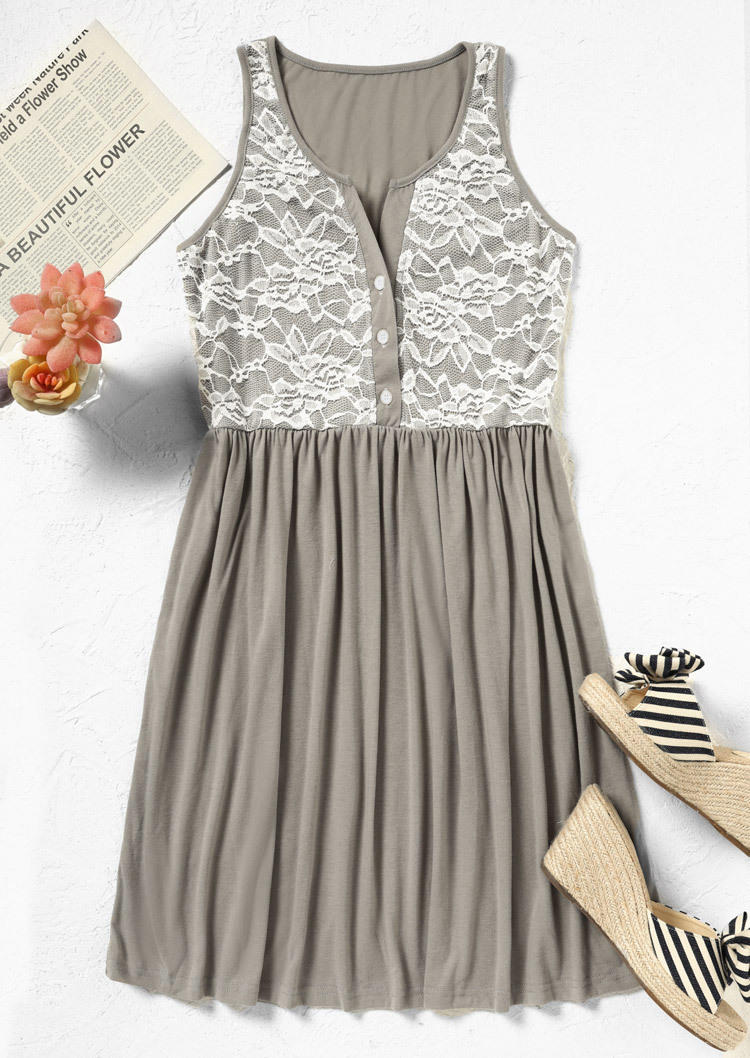 Lace Button Ruffled Mini Dress - Gray