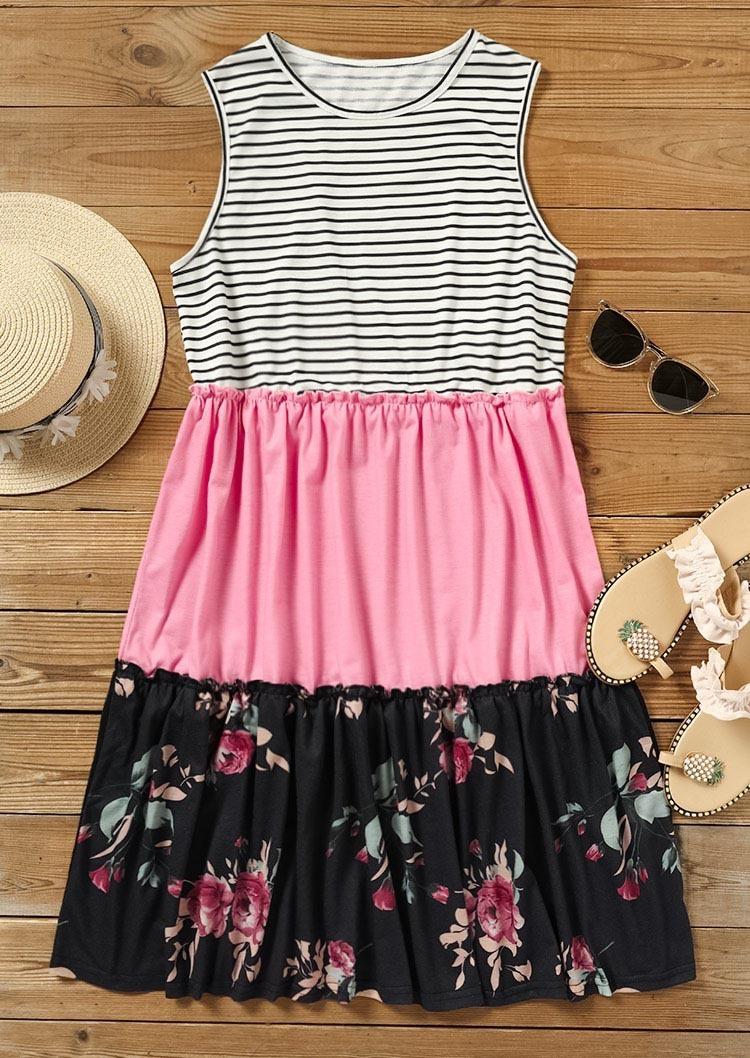 Buy Striped Floral Ruffled O-Neck Mini Dress. Picture