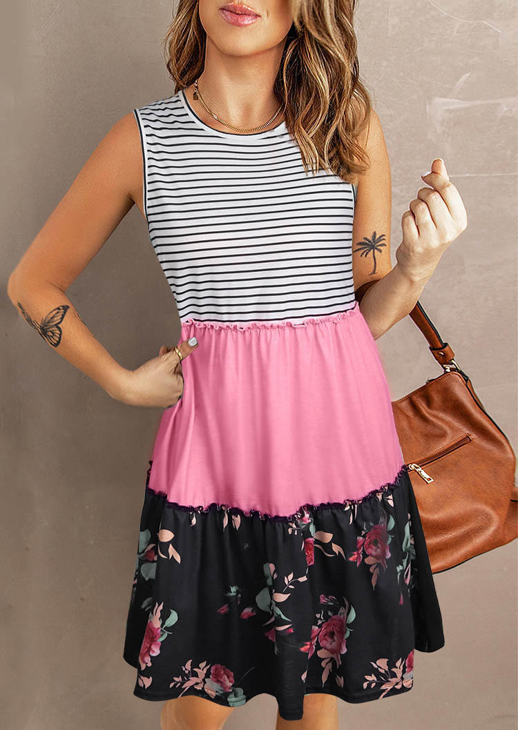 

Striped Floral Ruffled O-Neck Mini Dress, Multicolor, SCM001063