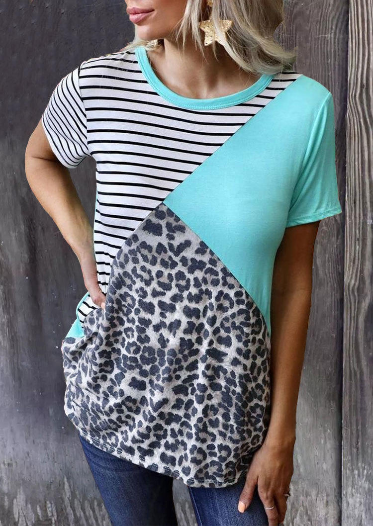 

Leopard Striped Color Block Short Sleeve Blouse, Multicolor, SCM001114