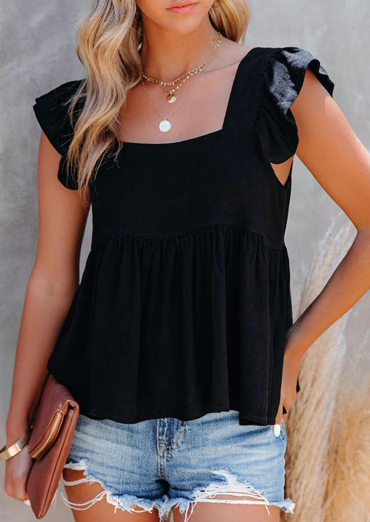 

Ruffled Square Collar Blouse - Black, SCM001118