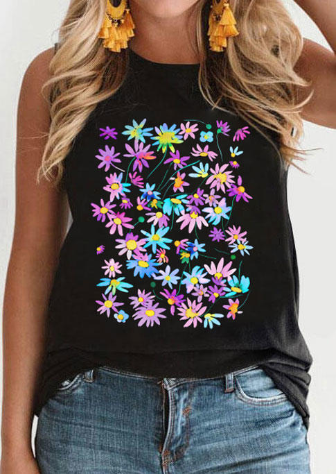 

Floral O-Neck Casual Tank - Black, 532263