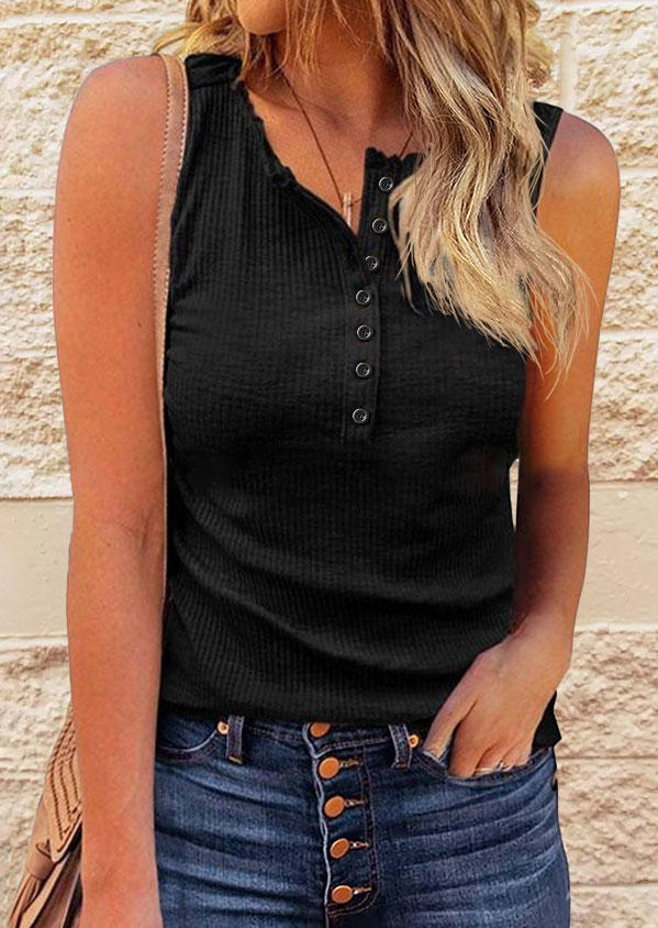 

Ribbed Button Casual Tank - Black, 532965
