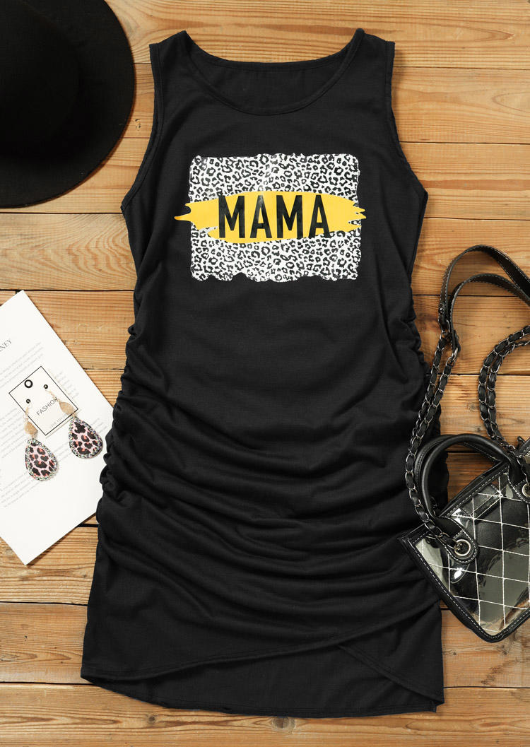 Mama Leopard Ruched Sleeveless Bodycon Dress - Black