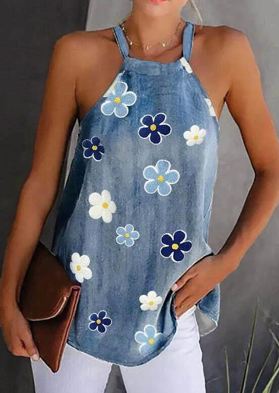 

Floral Halter Casual Camisole - Blue, 533213