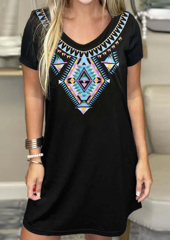 

Geometric Short Sleeve Mini Dress - Black, 533310