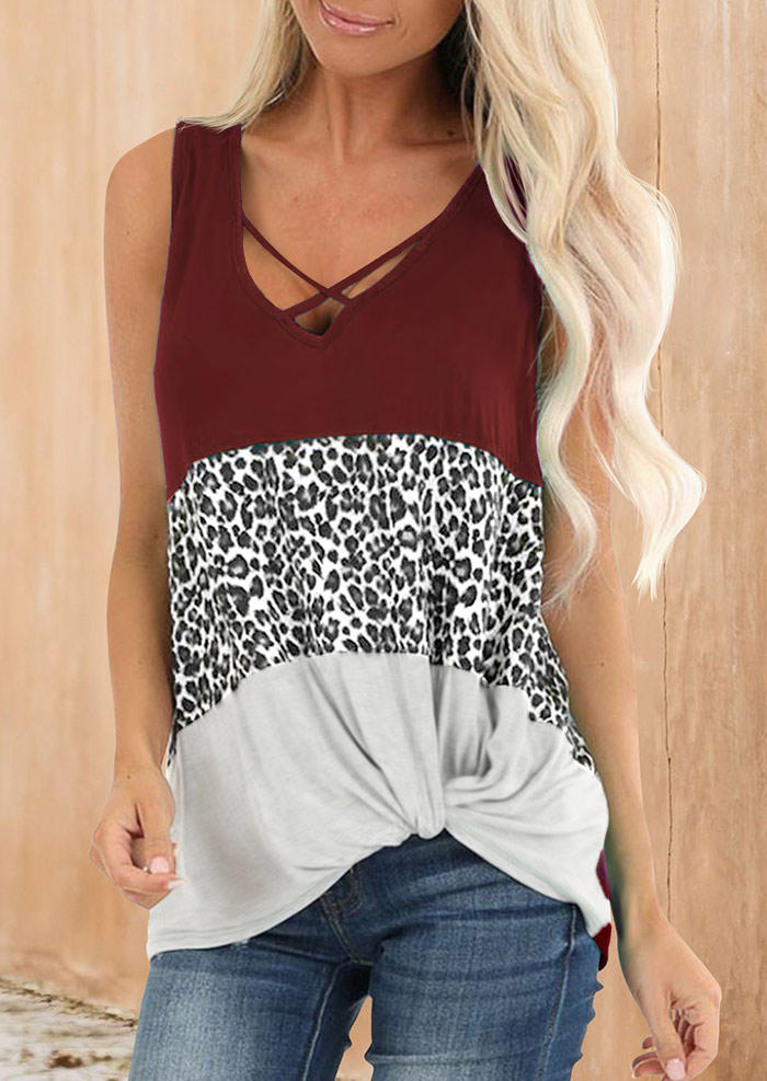 

Leopard Color Block Criss-Cross Tank - Burgundy, 533316