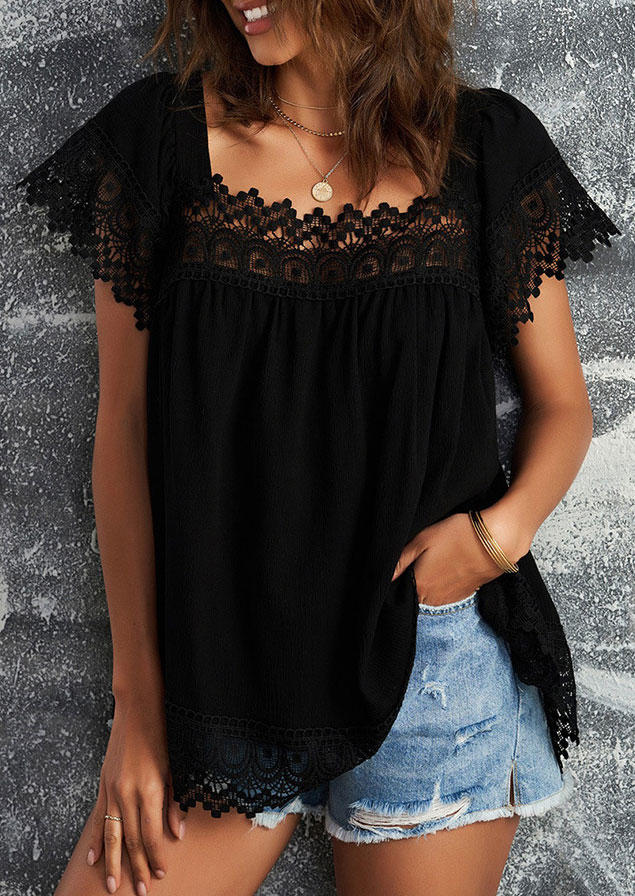 

Lace Splicing Short Sleeve Blouse - Black, 533317