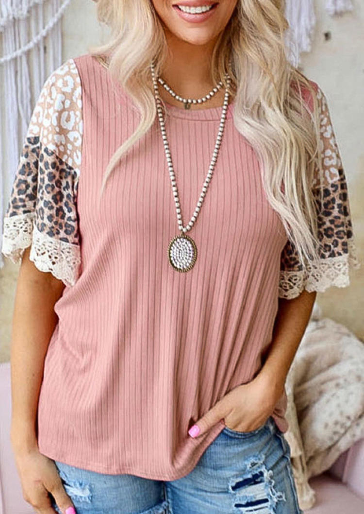 

Leopard Lace O-Neck Blouse - Pink, SCM001002