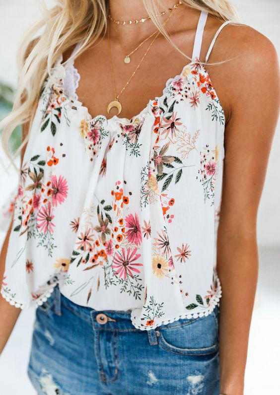 

Floral Ruffled Camisole without Bra - White, SCM001107