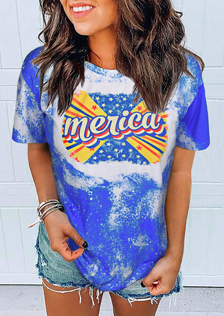 

Merica American Flag Bleached T-Shirt Tee - Blue, SCM001126