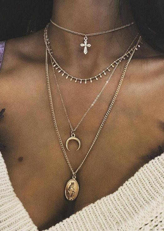 

Cross Moon Multi-Layered Pendant Necklace, Gold, 531943