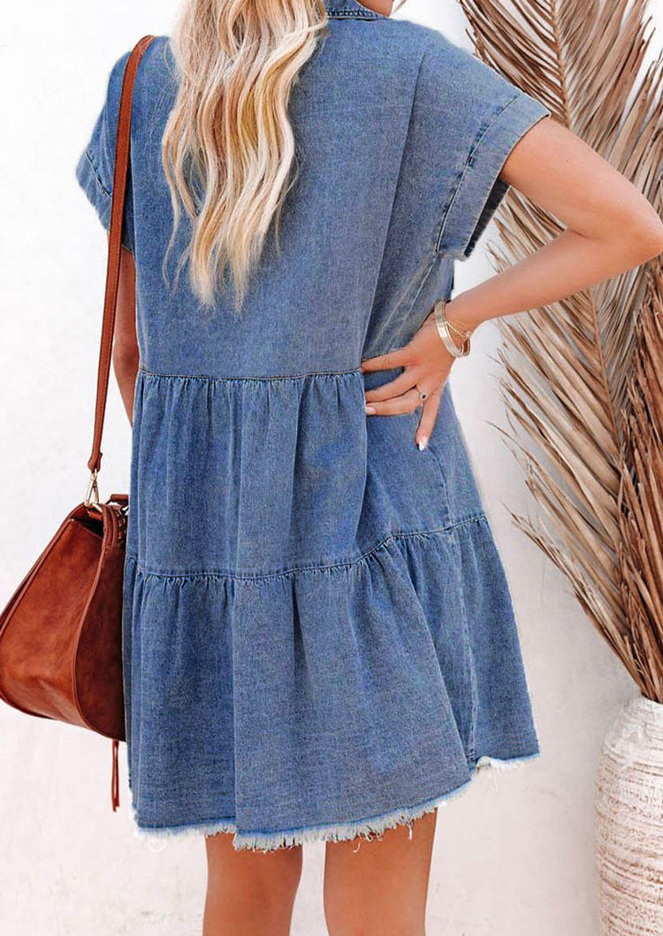 Frayed Hem Button Pocket Denim Mini Dress - Blue