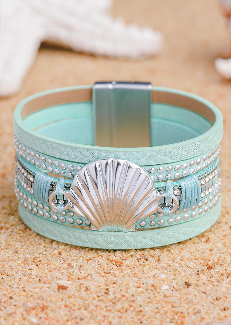 

Shell Braided PU Leather Magnet Buckle Bracelet, Green, 533140
